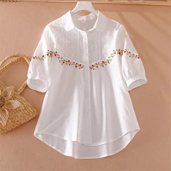 Izšūtas Blūzes Sievietēm Balts Tops Valsts Vasaras Apģērbu Laple Jaka Sieviešu Krekls Tīras Kokvilnas Dāmas Krekls Vintage