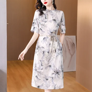 Zīda kleita ir gara 2023 vasarā jaunu īsām piedurknēm tintes drukas vidukļa Hangzhou mulberry zīda svārki