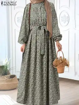 ZANZEA Vintage Musulmaņu Kleita Dubaija Turcija Abaya Sievietēm ar garām Piedurknēm Drukāts Ziedu Sundress Maxi Vestidos Drēbes Islāma Apģērbi