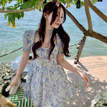 Y2k Mini Kleita Vasaras Saldais Kawaii Sieviešu Retro Ziedu Dvesma Piedurknēm Pasaku Kleitu Elegants Puse Kleita Korejas Modes
