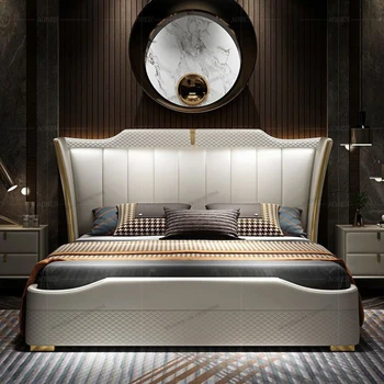 Mūsdienu Luksusa Ādas Gulta Guļamistabā Ir Vienkāršs, Divguļamā Gulta, Home Premium Nordic Gold Plated