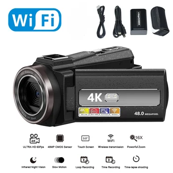 Digitālā WIFI Videokamera Full HD (4K 16MP DV Ieraksti 2000mAh Augstas Kapacitātes Akumulatoru, 270 Grādu Rotācijas Ekrāna 16X Nakts Shoot Zoom