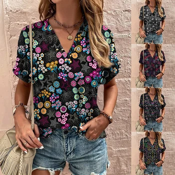 Sieviešu 2023 Retro PrintT Krekls Vasaras V-veida Kakla Īsām Piedurknēm Topi Modes Apģērbu Ikdienas Blūze