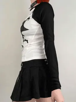 Sieviešu Y2k Raibs Vintage Krekls Gothic Sirds Print t-veida Topi Fairycore garām piedurknēm pieguļošas Blūzes Streetwear