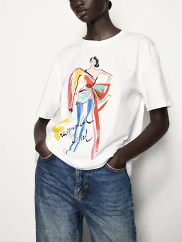 T Krekls Sievietēm 2023 Apaļu Kakla Īsām Piedurknēm Vasaras White Gadījuma Zaudēt Tshirts Modes Apģērbu Meitene Print 100% Kokvilnas T-Veida Krekls