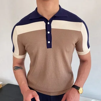 Vīriešu Īsām Piedurknēm T-Krekls 2023 Vasaras Jaunā Modes Tendence Krāsas Pieskaņotu Dizainu Atloks Gadījuma Liela Izmēra Īsām Piedurknēm T-Krekls