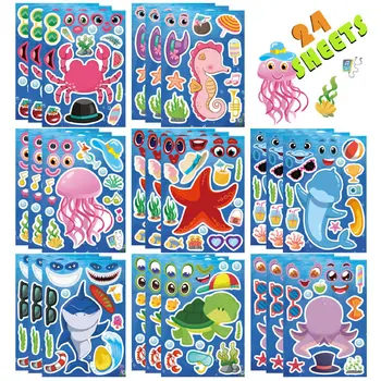Karstā 24Sheets Bērniem DIY Puzzle Uzlīme jūras organismu Sejas Smieklīgi Anime Savākt dzīvnieku Uzlīmes Bērniem Rotaļlietas Zēniem Meitenēm Dāvanas