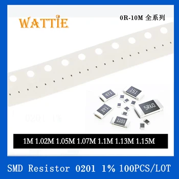 SMD Rezistors 0201 1% 1M 1.02 M 1.05 M 1.07 M 1.1 M 1.13 M 1.15 M 100GAB/daudz chip rezistori 1/20W 0,6 mm*0.3 mm
