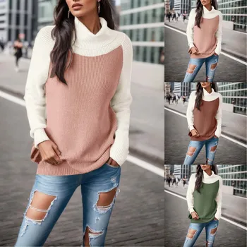Sieviešu Modes Gadījuma Garām Piedurknēm Adīt Džemperis Krāsu Saskaņošanas Ar Augstu Kakla Džemperis Džemperis Top Māja Džemperis