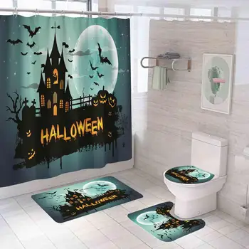 Ātri sauss Dušas Aizkars Spooky Halloween Pils Dušas Aizkaru Komplekts ar Ķirbju Dizaina Ūdensizturīgs Aizkaru neslīdoša Paklāji Vannas
