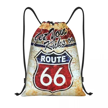Vintage Route 66 Aukliņu Mugursoma Sieviešu Vīriešu Sporta Zāle Sackpack Portatīvo Amerikāņu Ceļu Satiksmes Apmācības Maiss Maiss