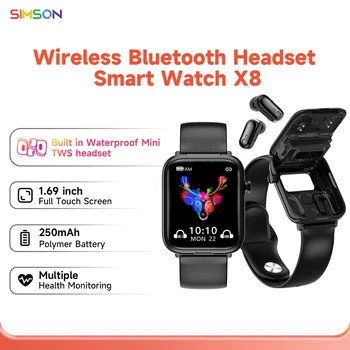 Smart Skatīties X8 TWS Bluetooth Headset Bezvadu Austiņas Divi Vienā 1.69 Collu Zvanu, Mūzikas, Sporta Band Smartwatch Android, IOS Sm