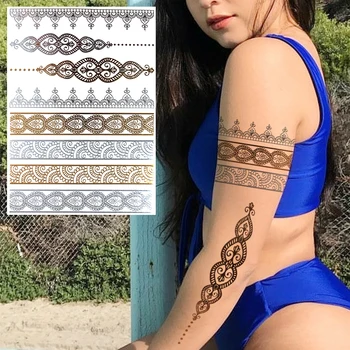 Reāli Zelta Mežģīņu Aproce Viltus Tetovējumu Uzlīmes Sievietēm Pieaugušo Tauriņš Atstāt Pagaidu Tetovējumiem Sexy Roku Ūdensizturīgs Tetovējums DIY