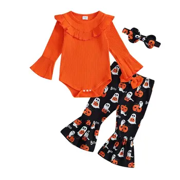2023 Rudens Bērns Meitenes Halloween Drēbes Set 3Pcs garām Piedurknēm Romper Ķirbju Spoku Drukāt Uzliesmojuši Bikses Galvu par 0-18M